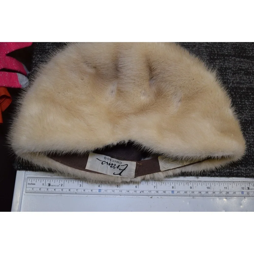 Evans Chicago Vintage WHITE MINK Soft Real Fur Winter Hat Womens S Initials BWL